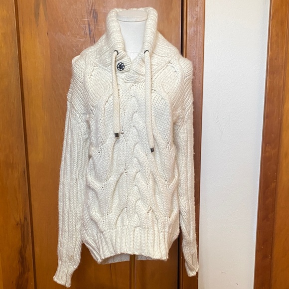 Zara Cream Turtleneck Fisherman Cable Knit Sweater Drawstring Wool Blend Unisex - Picture 1 of 8